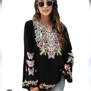 Women Mexican‎ Embroidered Tops Black Boho Size XXL